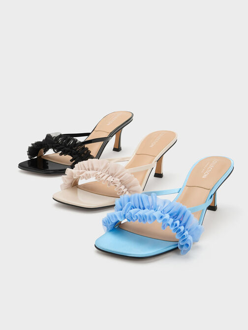 Recycled Polyester Ruffled Mesh Heeled Mules, Blue, hi-res