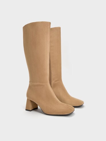 Faux Suede Square-Toe Side-Zip Knee-High Boots, Sand, hi-res