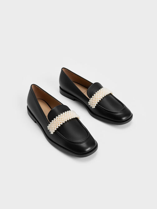 真皮珍珠釦樂福鞋, 黑色, hi-res