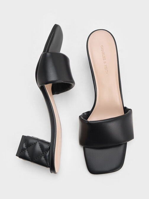 Puffy-Strap Quilted-Heel Mules, Black, hi-res