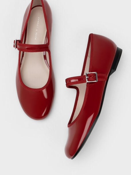 Zapatos planos Mary Jane con hebilla de charol, Rojo, hi-res