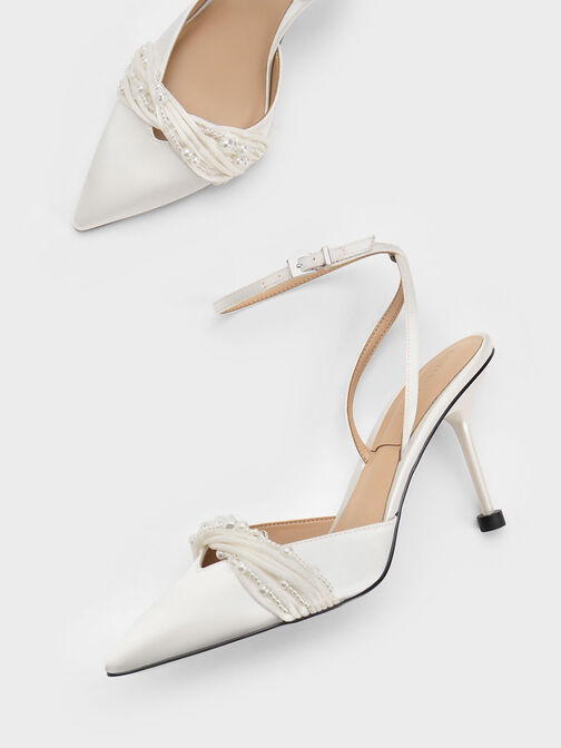 Leda Beaded Satin Ankle-Strap Pumps, White, hi-res