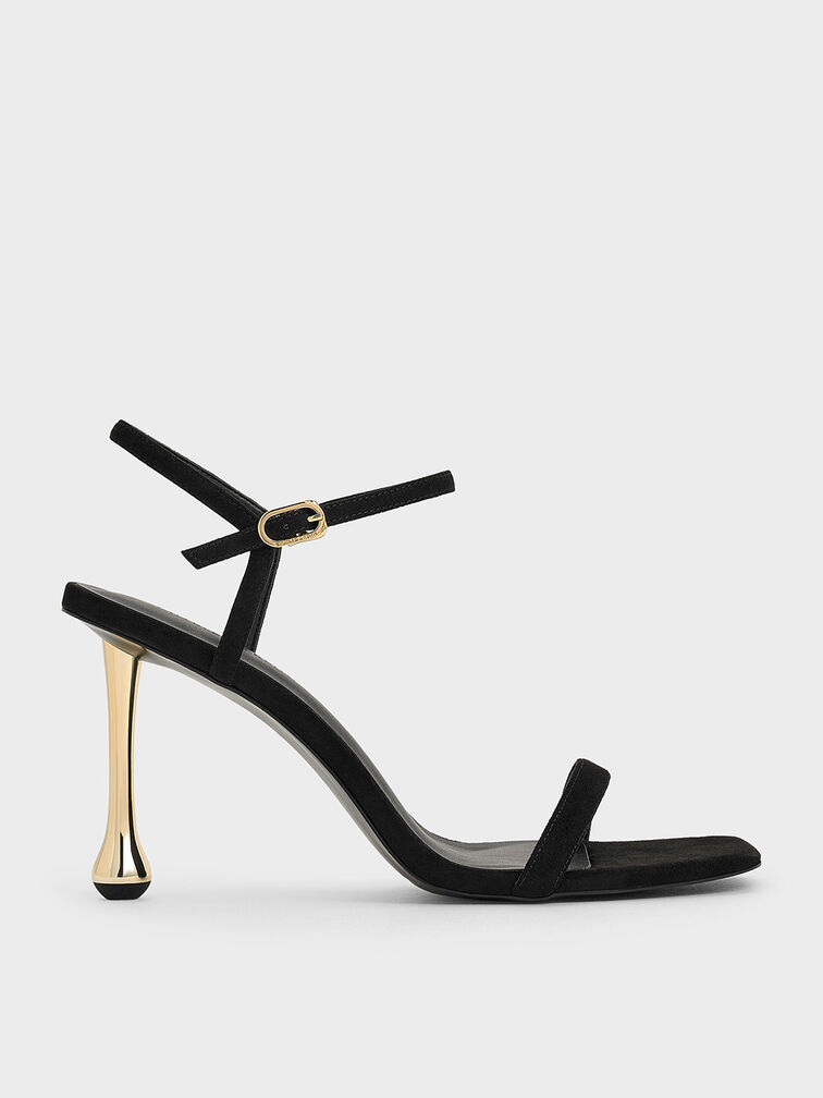 Faux Suede Sculptural-Heel Ankle-Strap Sandals, Black Textured, hi-res
