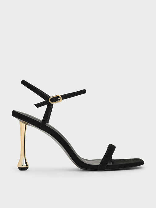 Faux Suede Sculptural-Heel Ankle-Strap Sandals, Black Textured, hi-res