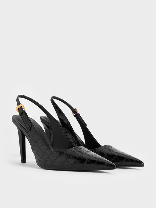 Croc-Effect Cone-Heel Pointed-Toe Pumps, Animal Print Black, hi-res