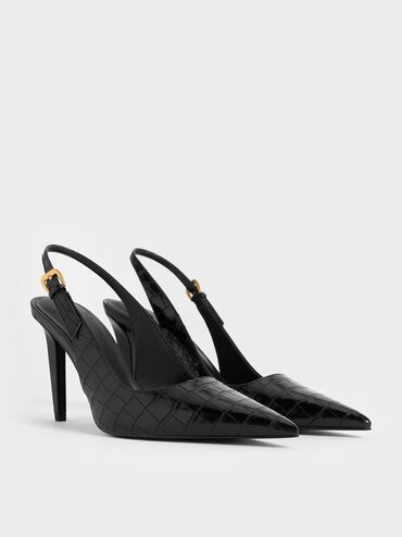 Croc-Effect Cone-Heel Pointed-Toe Pumps, Animal Print Black, hi-res