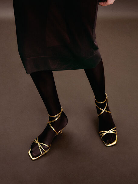 Metallic Crinkle-Effect Strappy Ankle-Strap Kitten-Heel Sandals, Gold, hi-res