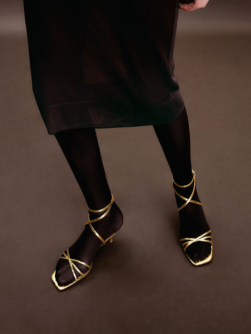Metallic Crinkle-Effect Strappy Ankle-Strap Kitten-Heel Sandals, Gold, hi-res