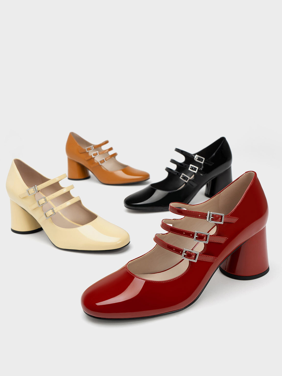 Buckled Cylindrical Heel Mary Janes, Yellow, hi-res