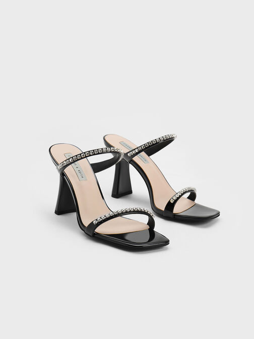 Patent Gem-Encrusted Heeled Sandals, Black Patent, hi-res