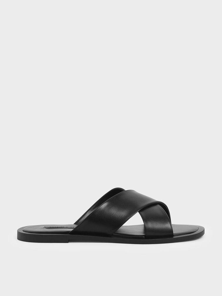 Criss Cross Slide Sandals, Black, hi-res