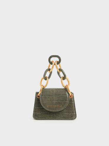 Croc-Effect Chunky Chain Handle Mini Bag, Olive, hi-res