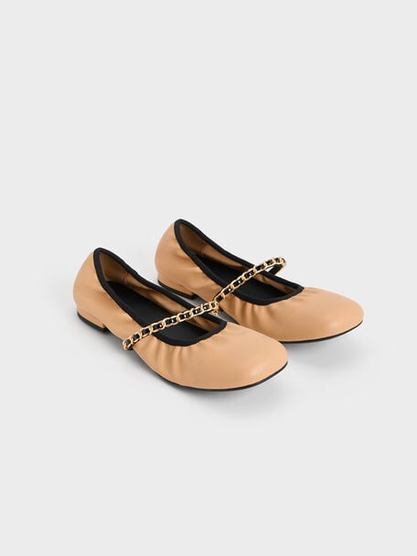 Braided-Chain Strap Mary Janes, Beige, hi-res
