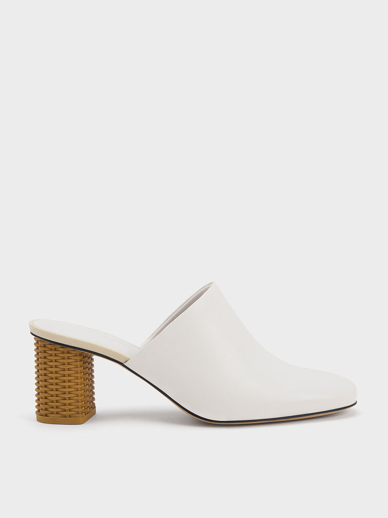 Rattan Block Heel Mules, White, hi-res