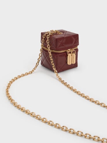 Janie Metallic Quilted Chain-Handle Micro Bag, Burgundy, hi-res