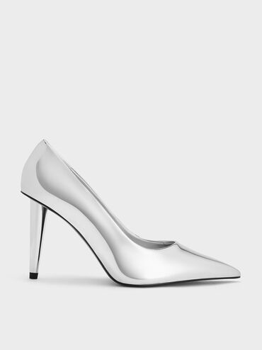 Tacones metálicos con tacón de cono, Plateado, hi-res