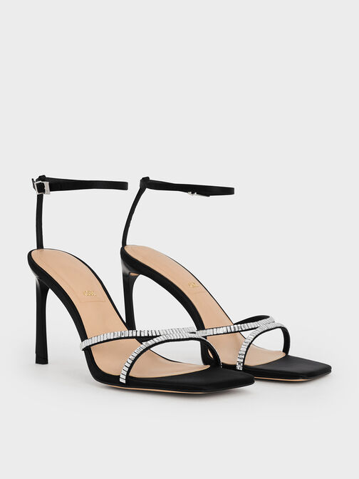 Recycled Polyester Crystal-Embellished Ankle-Strap Sandals, Black Textured, hi-res