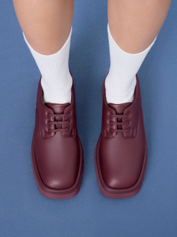 Ridged Sole Lace-Up Oxfords, Maroon, hi-res