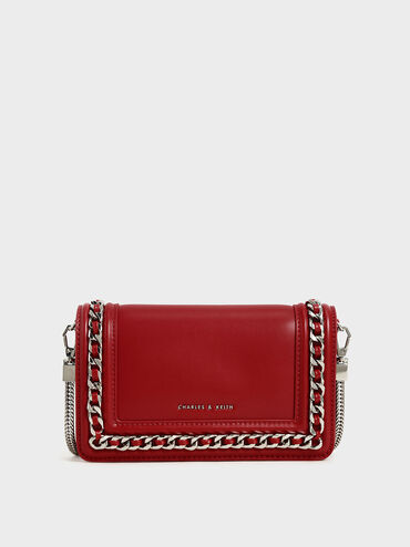 Chain-Trimmed Clutch, Red, hi-res