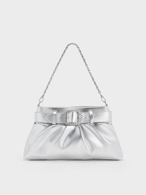 Avis Metallic Belted Ruched Shoulder Bag, Silver, hi-res