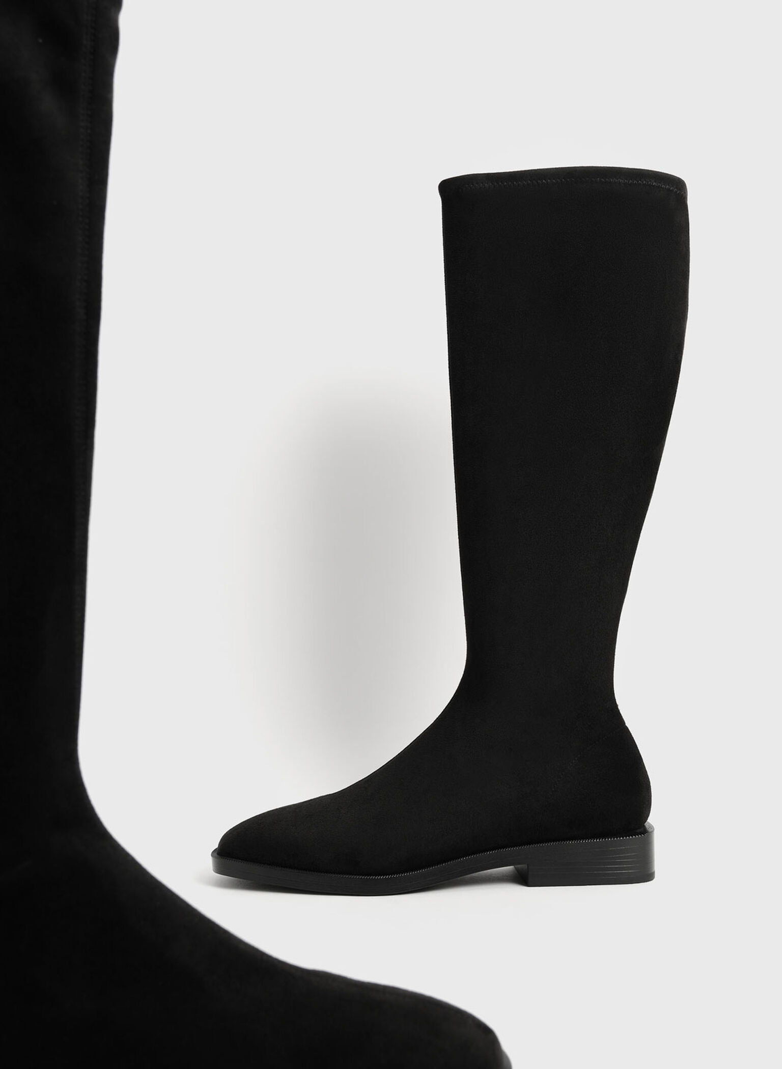 Sasky Faux Suede Knee High Flat Boots, Black Textured, hi-res
