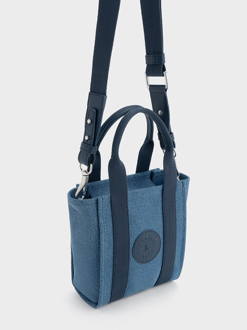 Mini Kay Denim Contrast-Trim Tote Bag, Blue, hi-res