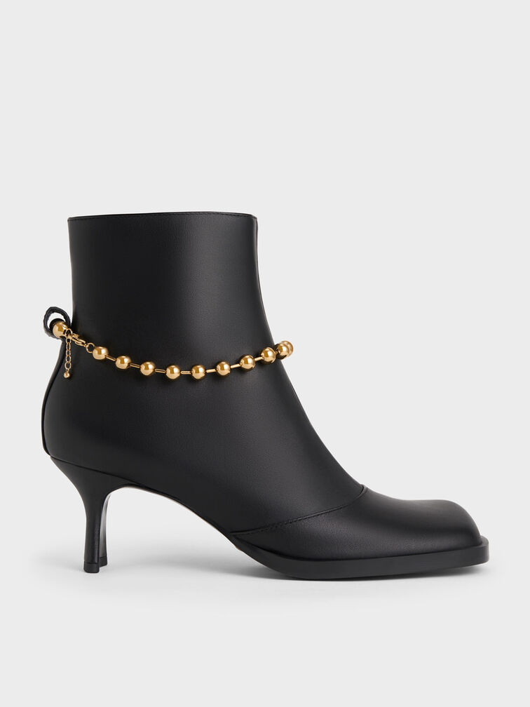 Beaded-Link Leather Ankle Boots, Black, hi-res