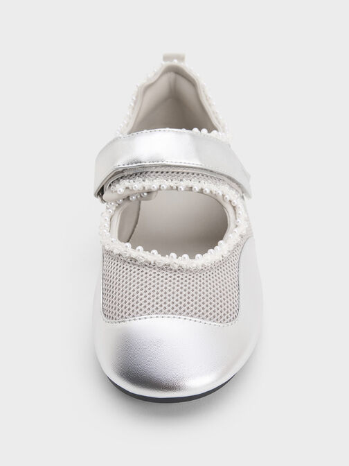 Metallic Mesh Pearl-Embellished Mary Jane Sneakers, Silver, hi-res