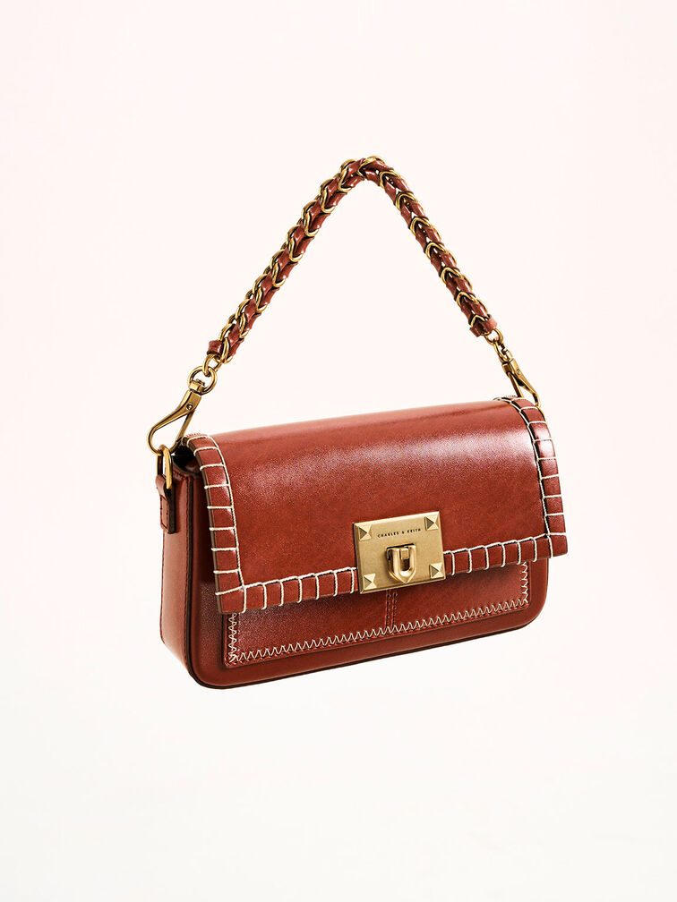 Bolso bombonera Circe con asa superior y puntadas en los bordes, Moka, hi-res