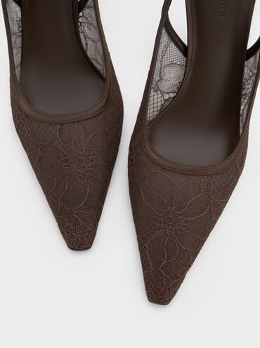 Escarpins à bride arrière en dentelle et satin, Dark Brown Textured, hi-res