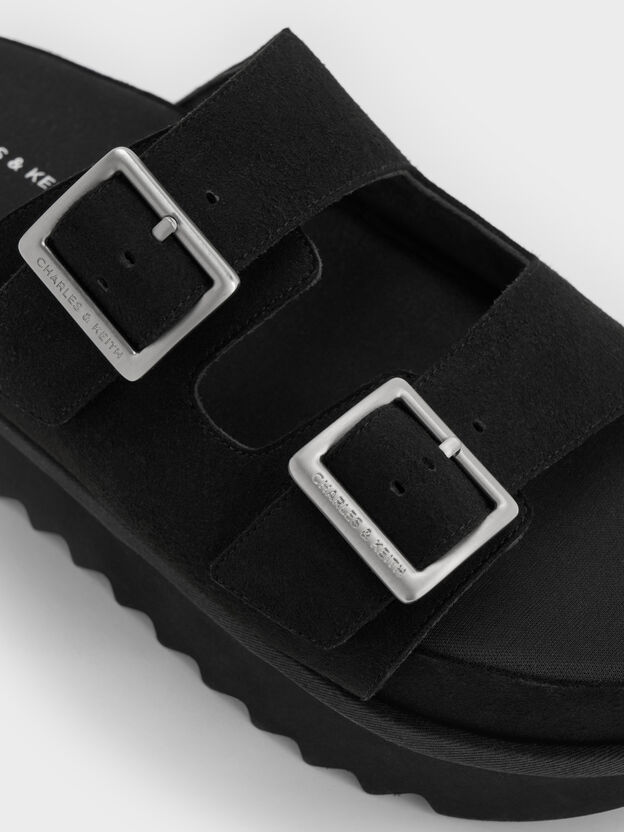 Sandalias flatform con doble correa y hebilla, Negro, hi-res