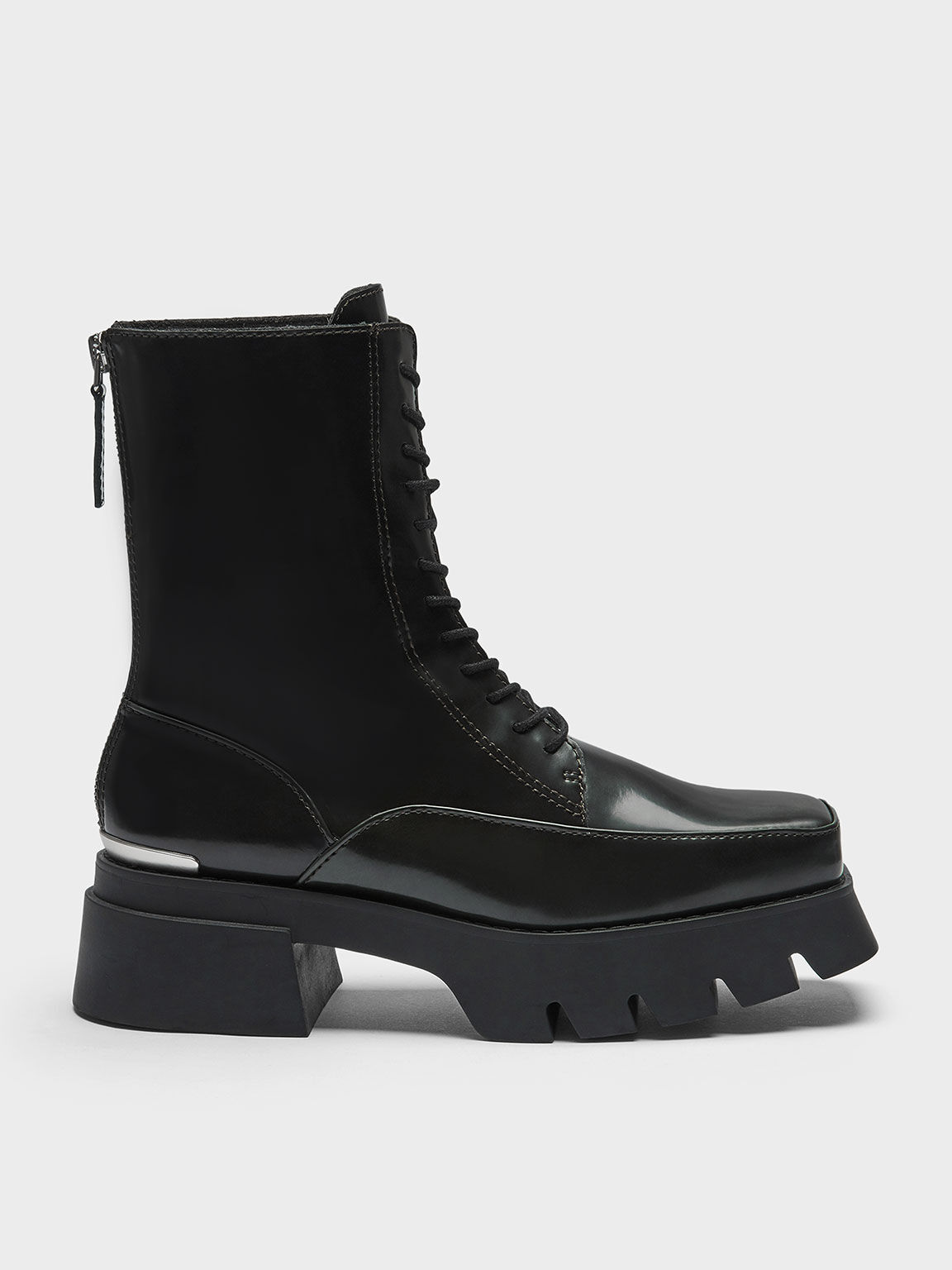 Lace-Up Platform Calf Boots, Dark Green, hi-res