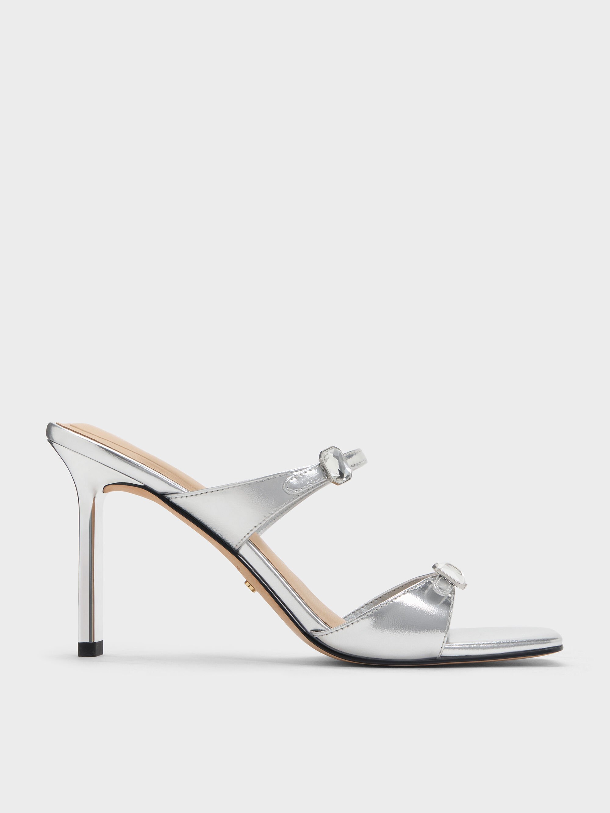 Silver Metallic Leather Gem-Buckle Double-Strap Heeled Sandals