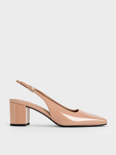 Patent Square-Toe Slingback Pumps, Nude, hi-res