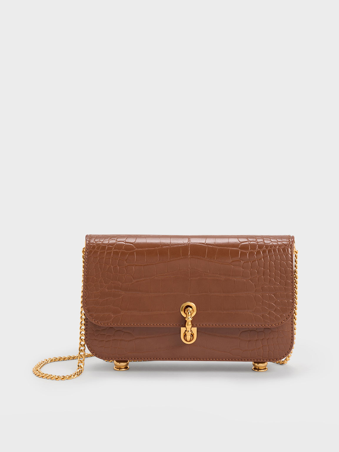 Meriah Croc-Embossed Clutch, Chocolate, hi-res