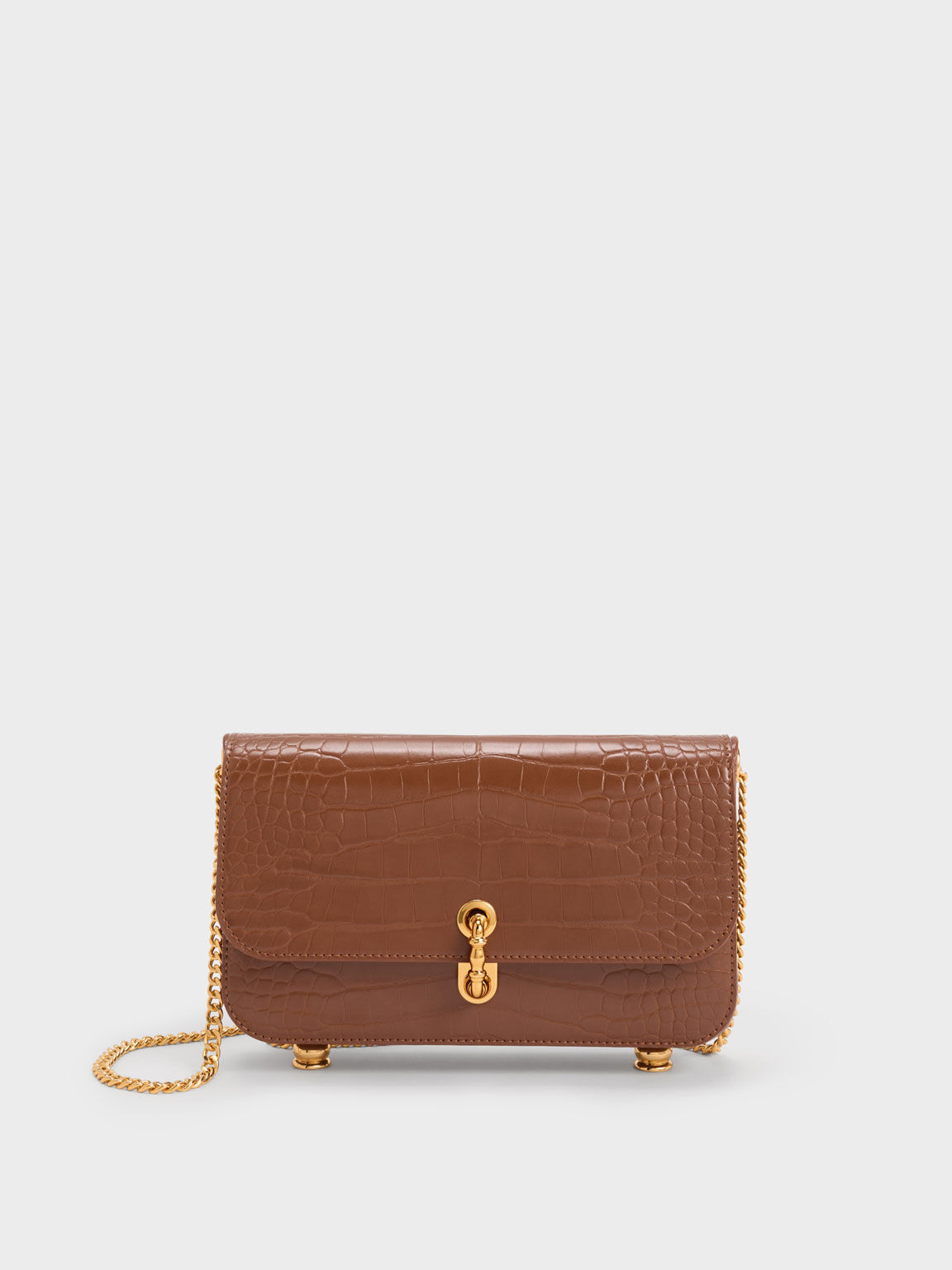 Meriah Croc-Embossed Clutch, Chocolate, hi-res