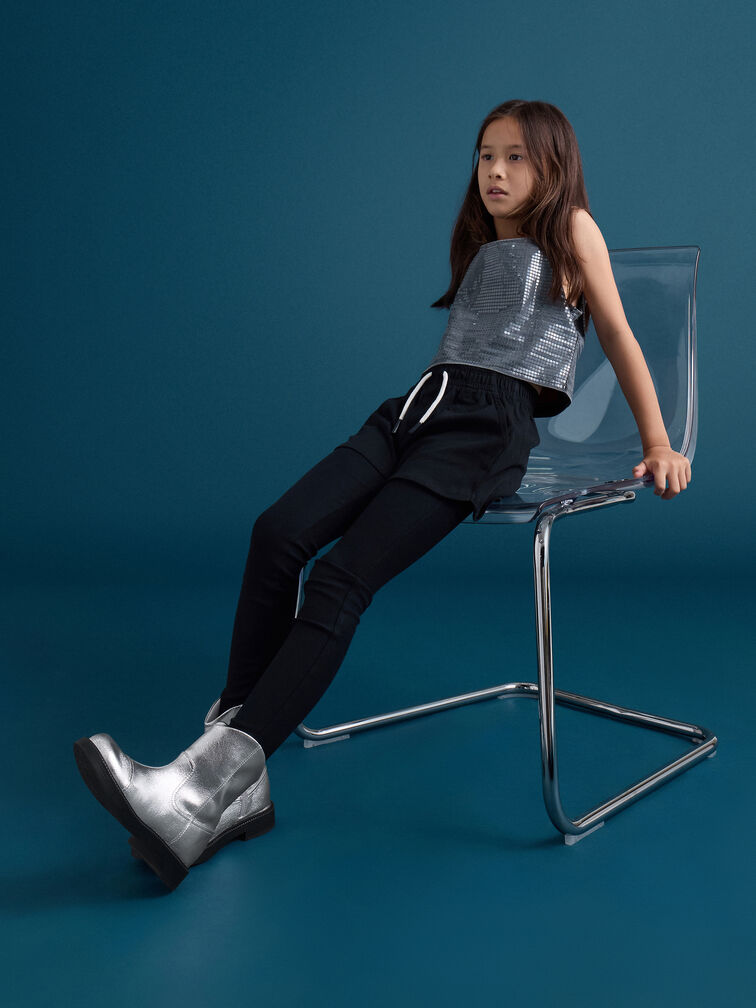 Girls' Metallic Stitch-Trim Ankle Boots, Silver, hi-res