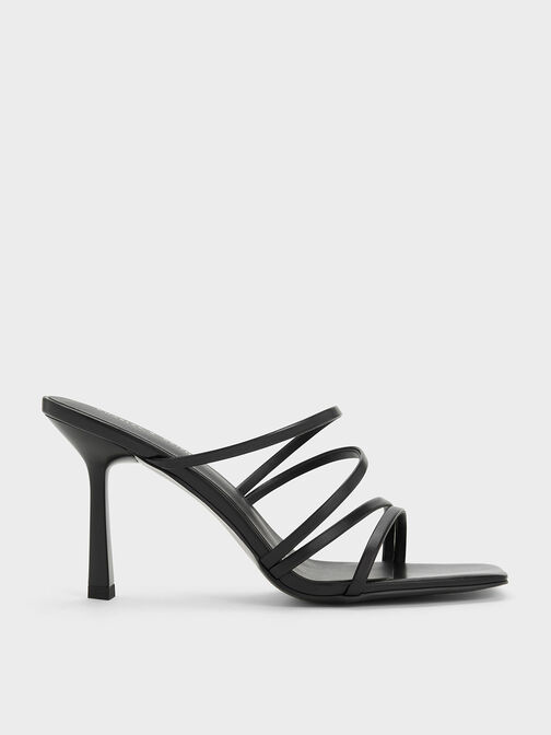 Asymmetric Square-Toe Heeled Mules, Black, hi-res