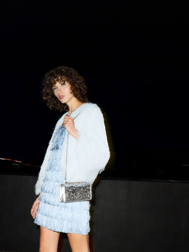 파푸토 스팽글 체인 핸들 롱 월렛, 실버, hi-res