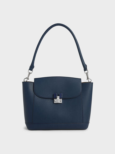 Embellished Push-Lock Shoulder Bag, Blue, hi-res