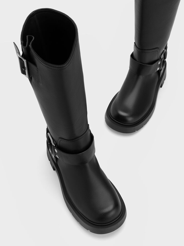 Metallic Buckled Knee-High Boots, Black, hi-res