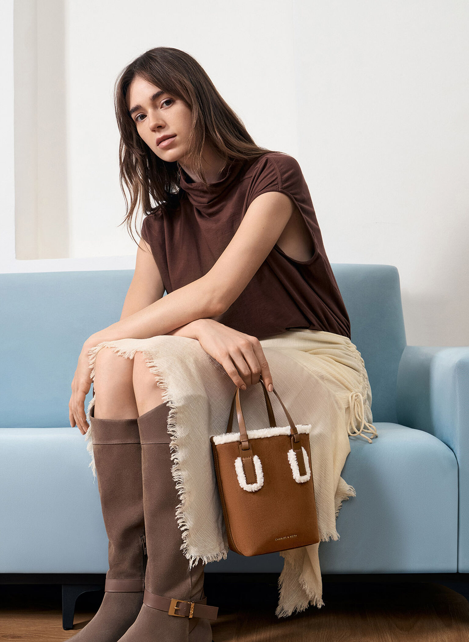 Noelle Faux Suede Fur-Trim Elongated Tote, Brown, hi-res