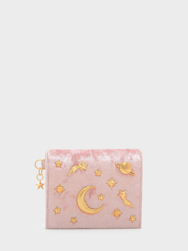 Snap Button Galaxy Embellished Velvet Card Holder, Pink, hi-res
