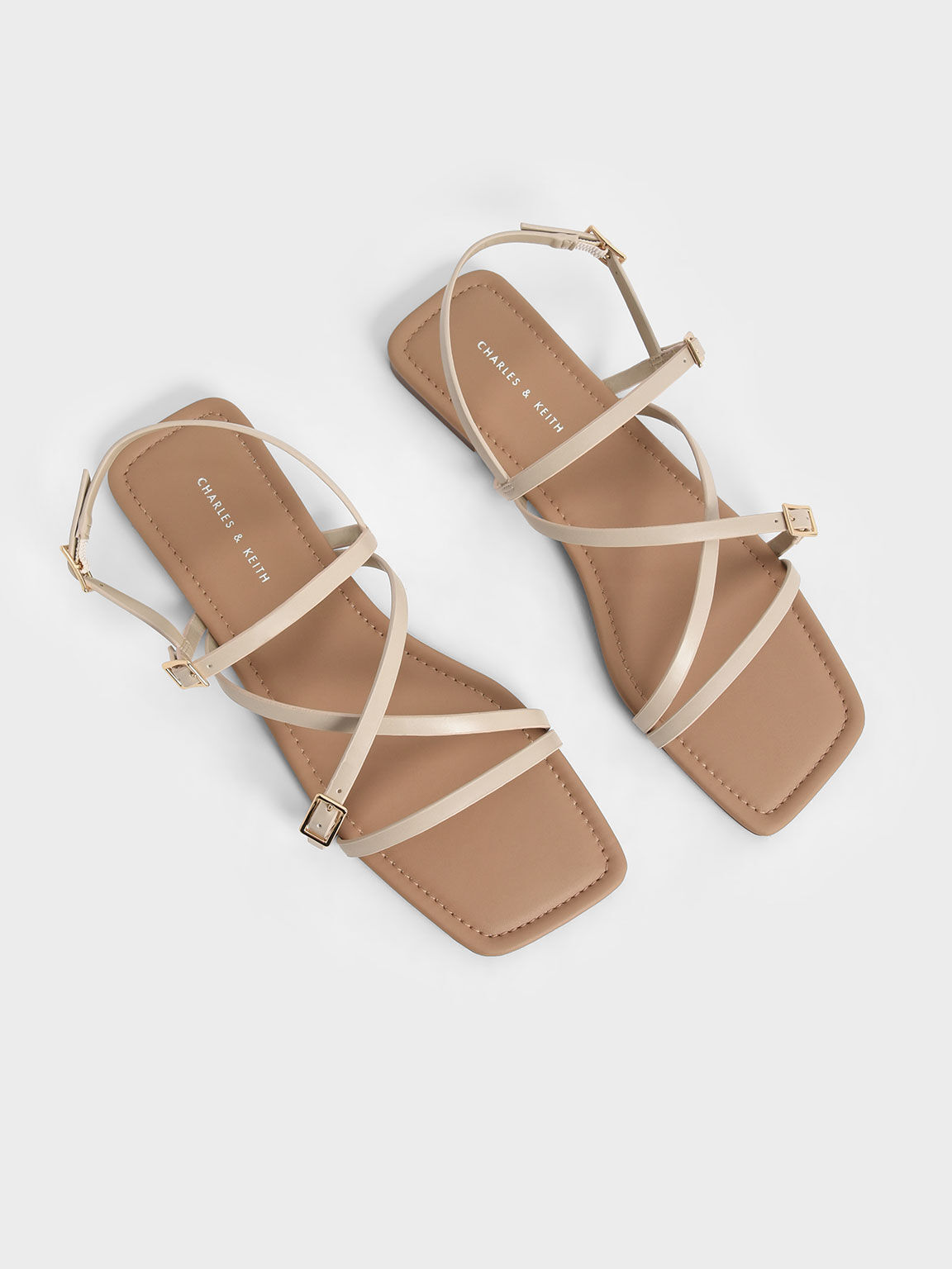 Strappy Mini Buckle Flat Sandals, Chalk, hi-res