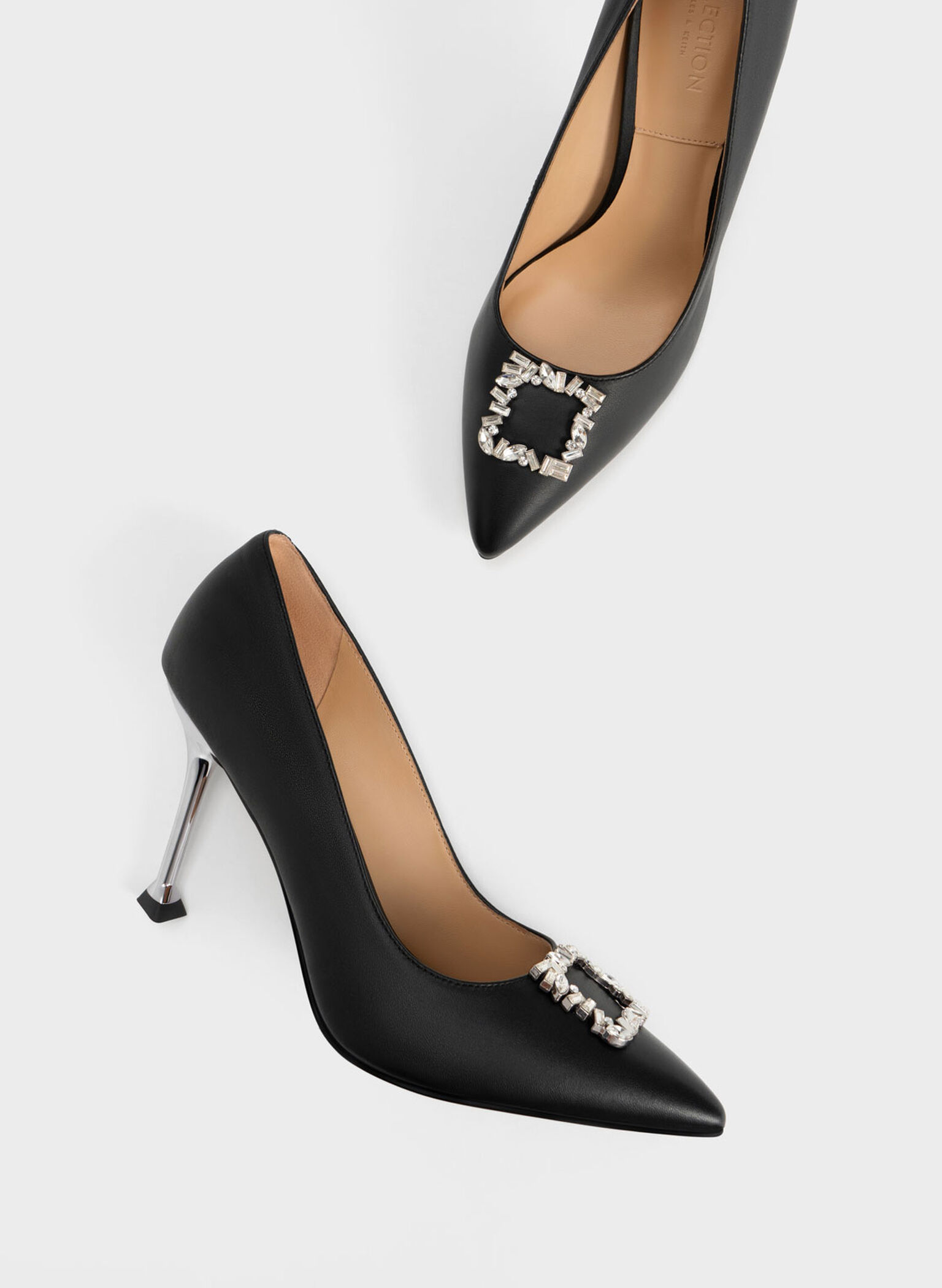 Leather Gem-Embellished Pumps, Black, hi-res