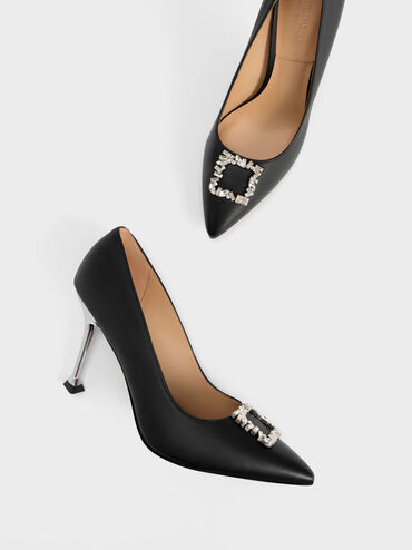 Leather Gem-Embellished Pumps, Black, hi-res