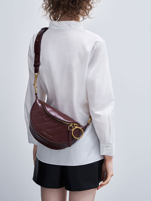 Philomena Wrinkled Effect Semi-Circle Crossbody Bag, Burgundy, hi-res