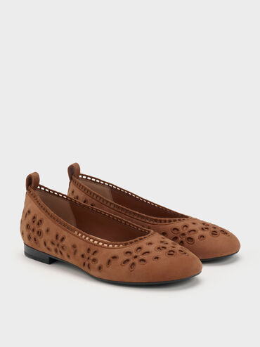 Leather Embroidered Ballet Flats, Cognac, hi-res