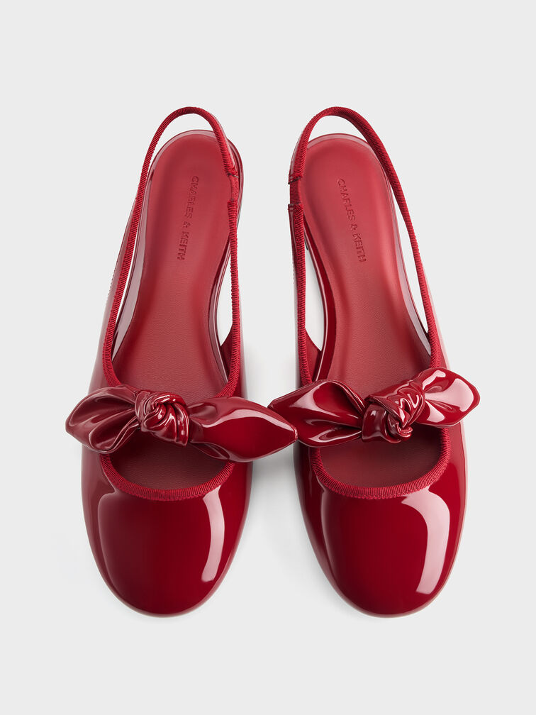 Patent Knotted-Bow Slingback Flats, Red, hi-res
