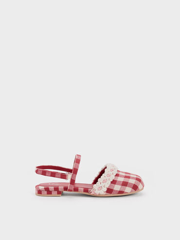 Girls' Floral Crochet Checkered Slingback Flats, Red, hi-res